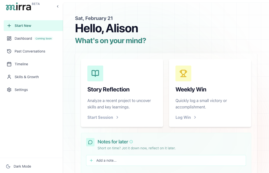 Mirra dashboard — start a new conversation